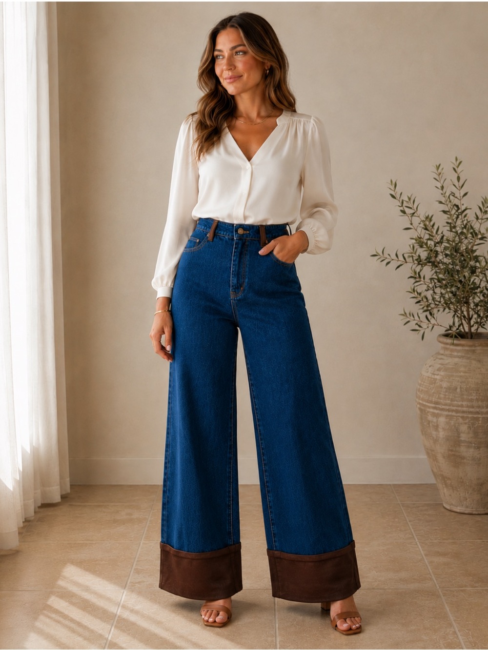 Fabrique Coora Suede Cuffs Straight Leg Jeans in Cotton Denim NWT Size XS